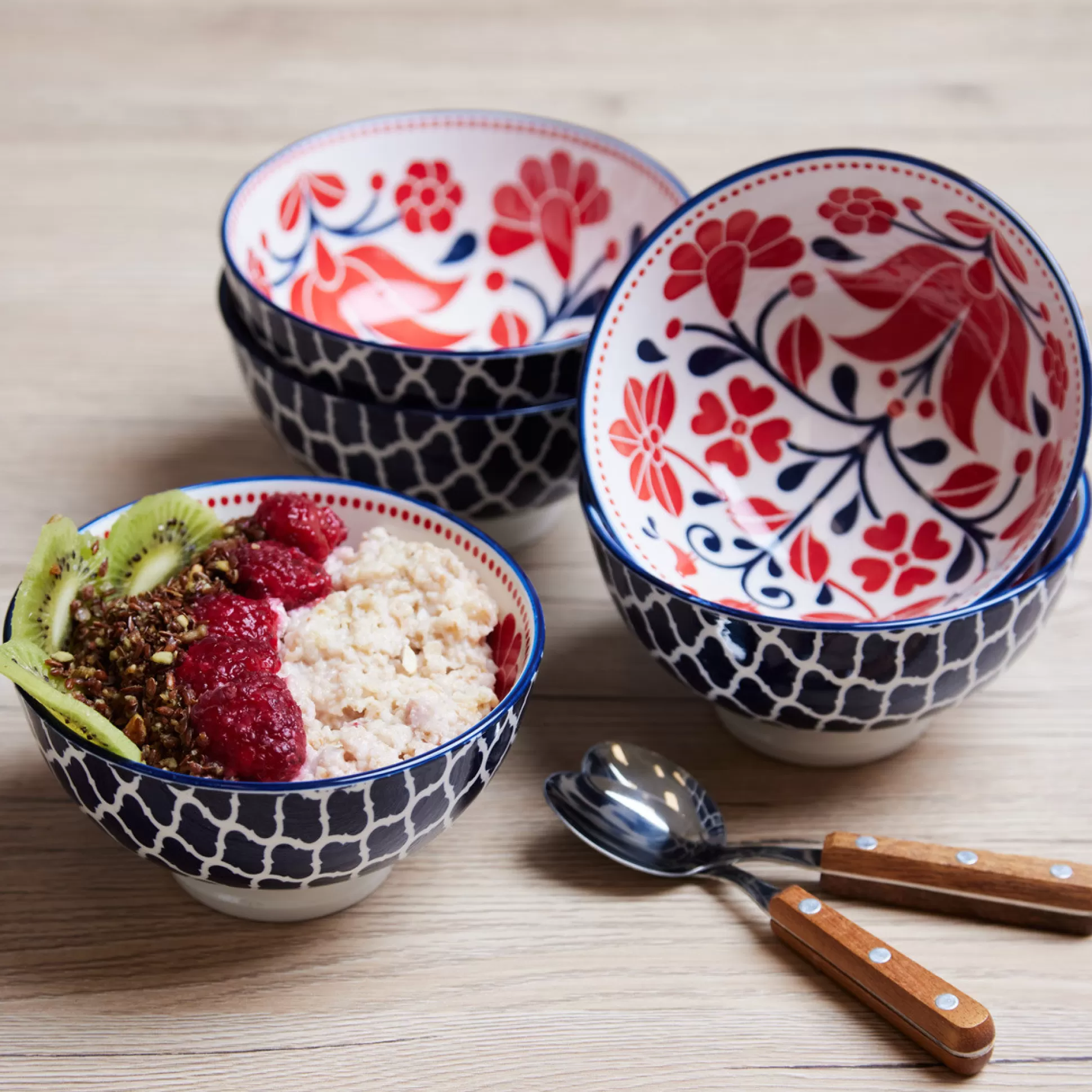 Bowls>Meadows and Byrne Tola Orange Bird/Navy Tile 13Cm Cereal Bowl - Set Of 5