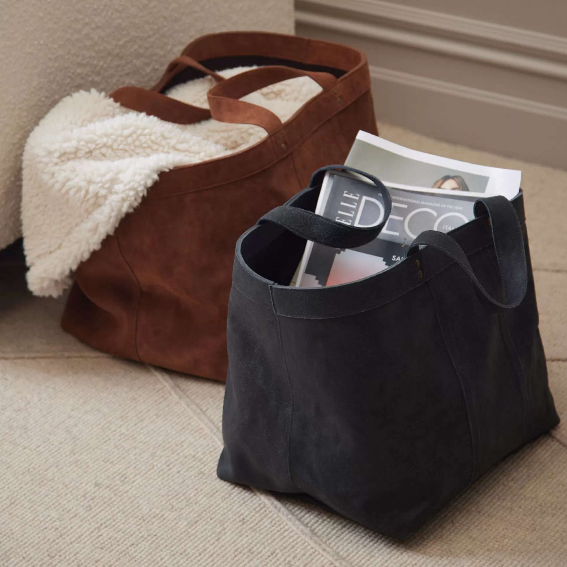 Storage>Meadows and Byrne Vintage Grey Leather Storage Basket